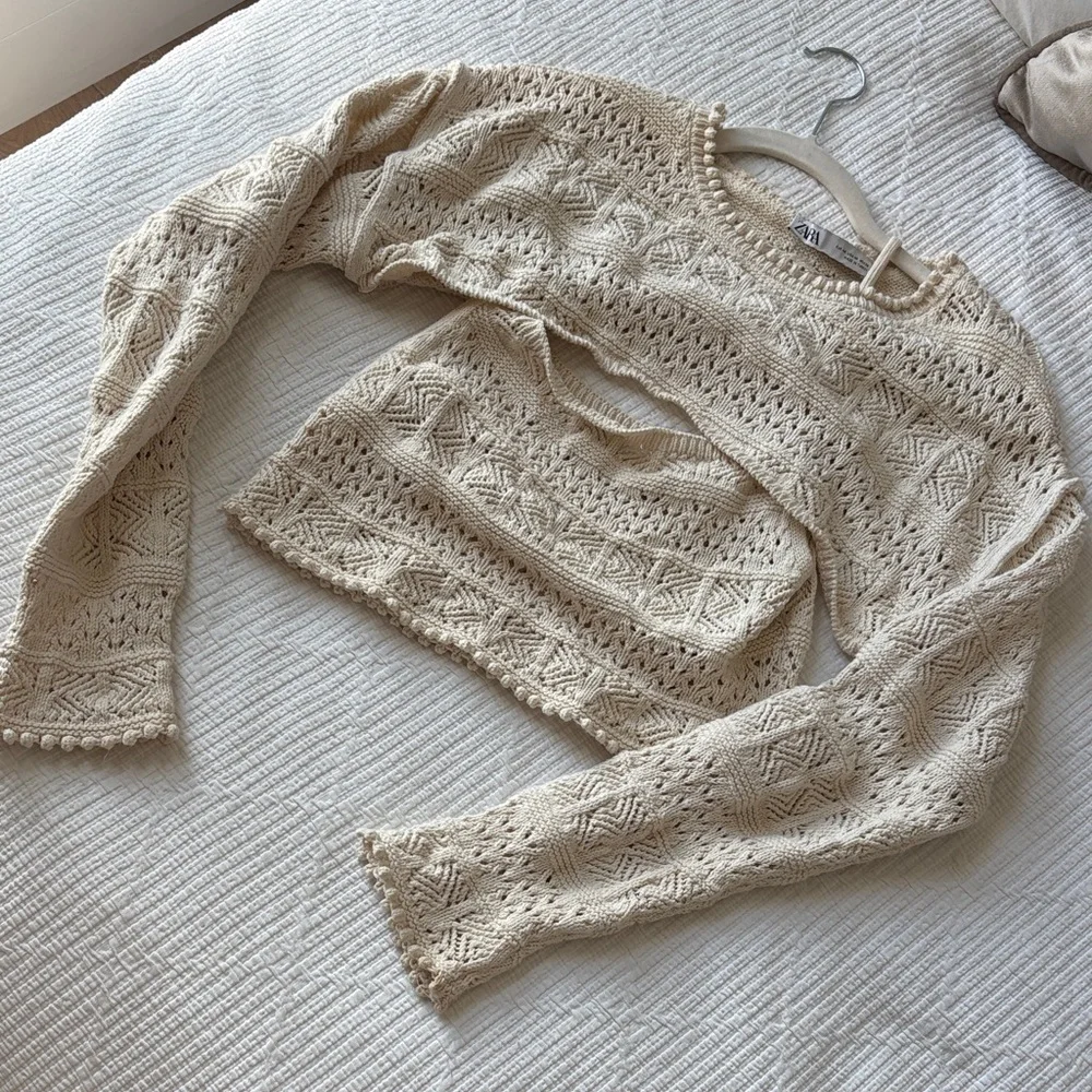 Zara Beige Crochet Crop Top with Long Sleeves